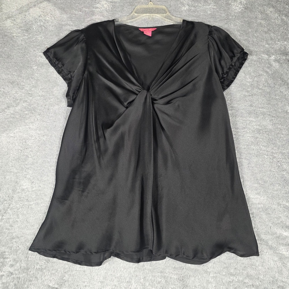 Sunny Leigh Blouse Women 1X Black Excellent Twist Front Satin Short Sleeve Top